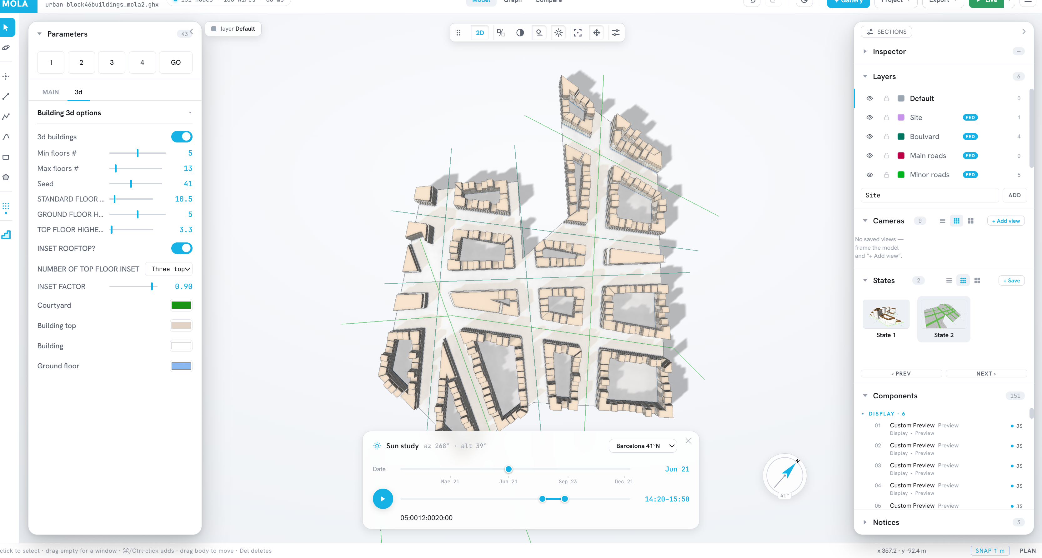 Mola Mola — light theme, plan view with sun study analysis